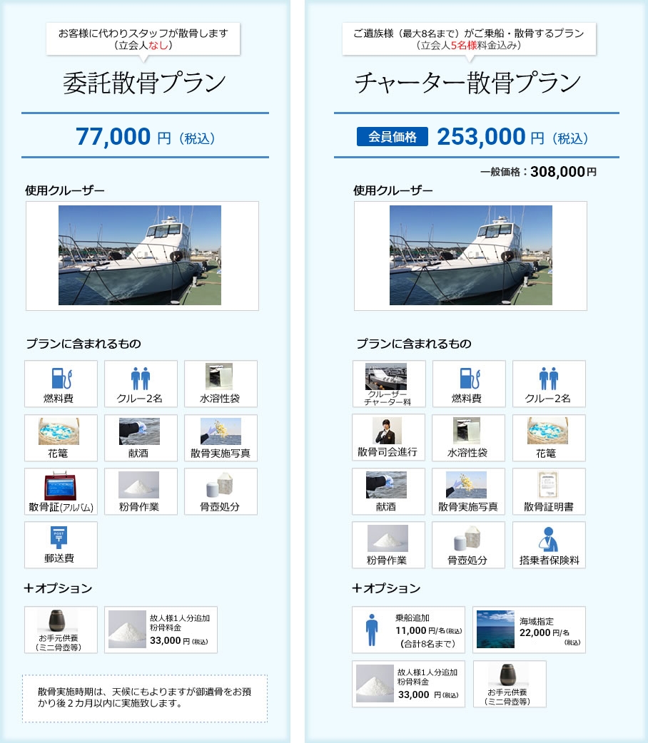 委託散骨プラン：74,000円、チャーター散骨プラン：会員価格238,000円